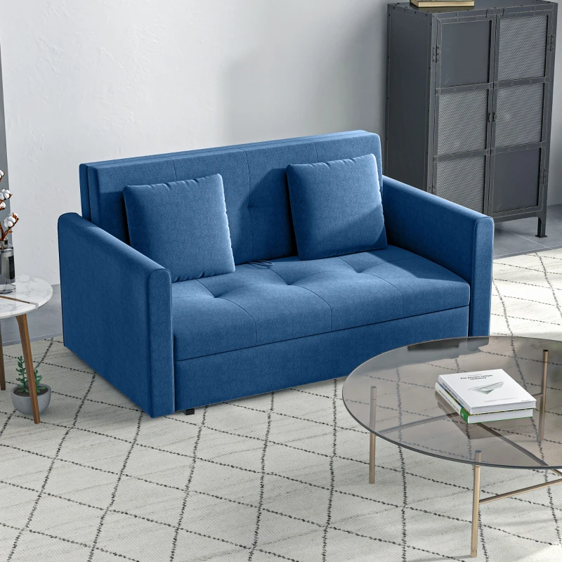 HOMCOM 2 Seater Sofa Bed with Hidden Storage, Pull Out Convertible Bed Settee, Modern Snow Flannel Loveseat Sofa Sleeper with 2 Cushions for Living Room, Guest Room, Deep Blue