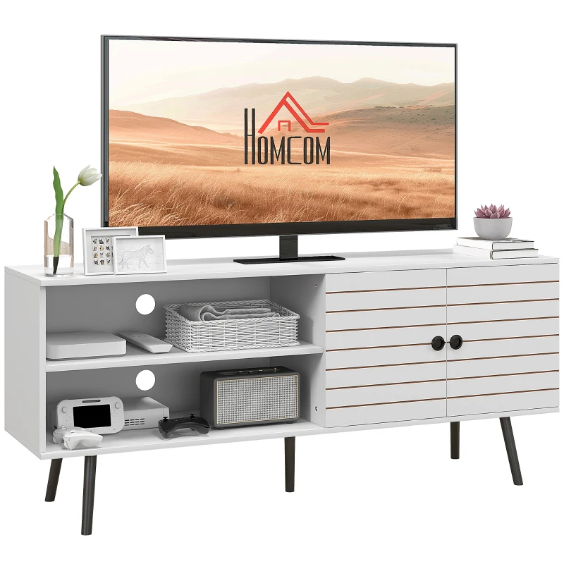 HOMCOM TV Stand with Cupboard, Open Shelves, Striped Doors, Wooden legs, White