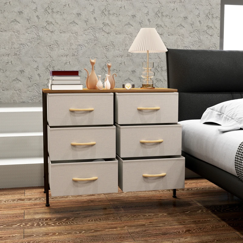 HOMCOM Fabric Chest of Drawers, Industrial Bedroom Dresser with 6 Fabric Drawers, Steel Frame and Wooden Top for Nursery, Living Room, Hallway, Cream White