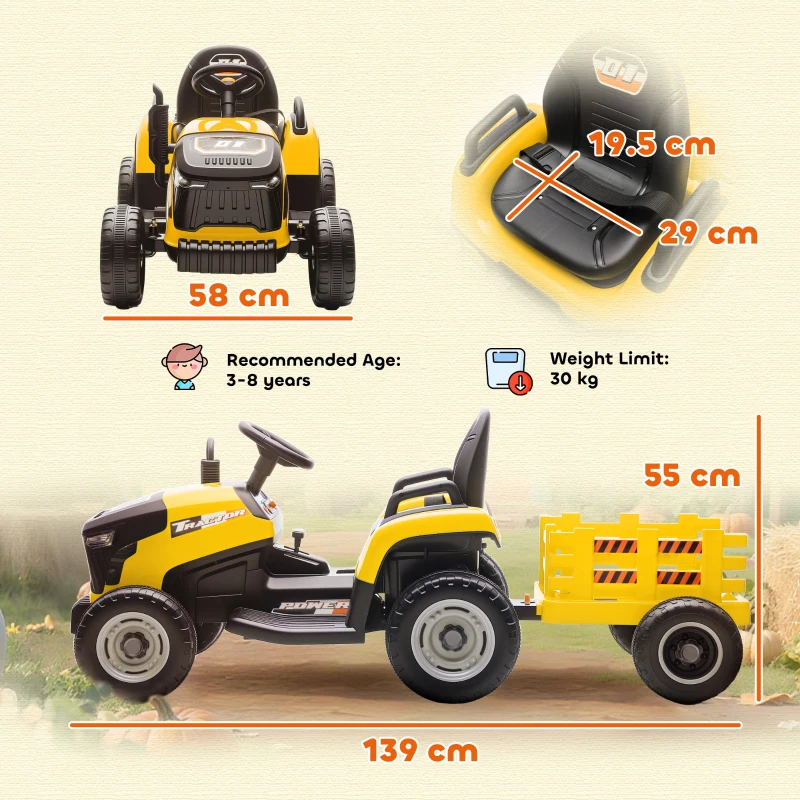 AIYAPLAY 12V Ride on Tractor and Trailer with Remote Control, Music, Shifter, Start-Up Sound, for Kids Ages 3-8 Years, Yellow