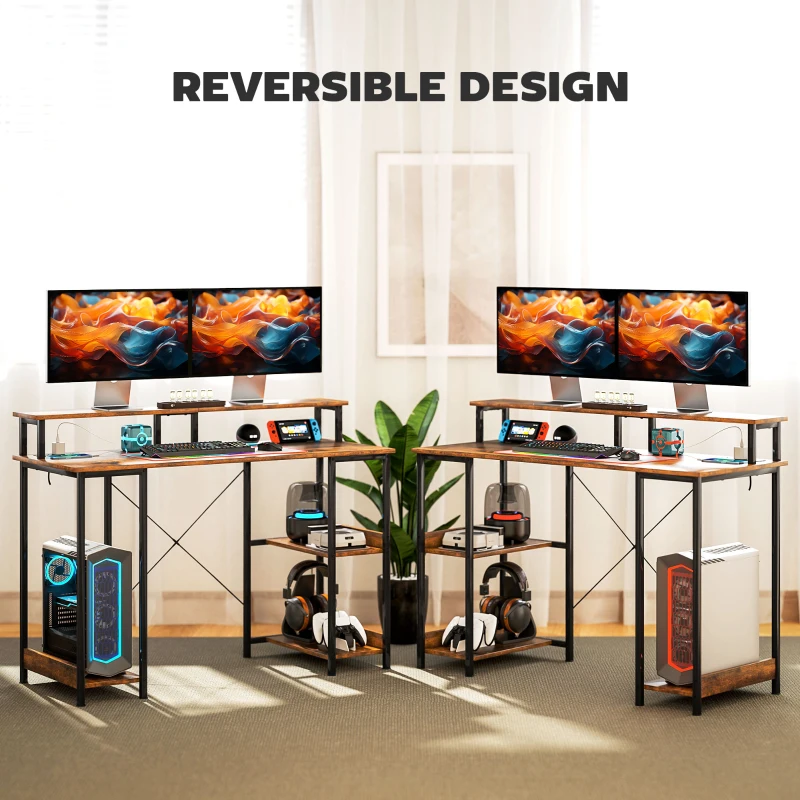 HOMCOM LED Computer Desk, with Power Outlets and Shelves - Rustic Brown
