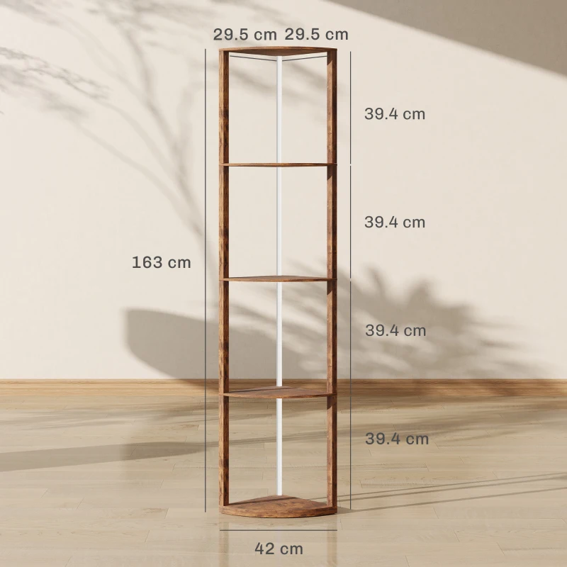 HOMCOM RGB LED Floor Lamp with Shelves, 5-Tier Dimmable Standing Lamp with Adjustable Brightness and Remote Control, Modern Corner Display Shelf Unit for Living Room Bedroom Office, Rustic Brown