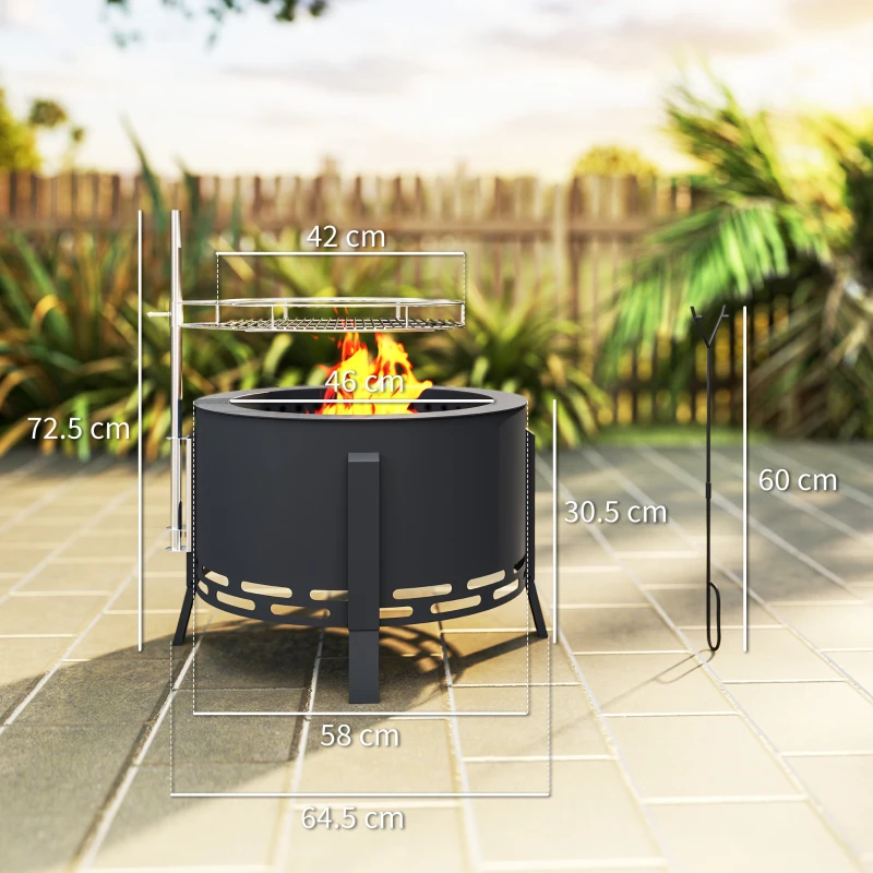 Outsunny Portable Fire Pit, 58 cm Round Firepit with Grill Grate, Fire Bowl with Ash Catcher and Poker, Fire Pit BBQ for Garden Camping Bonfire Picnic, Black