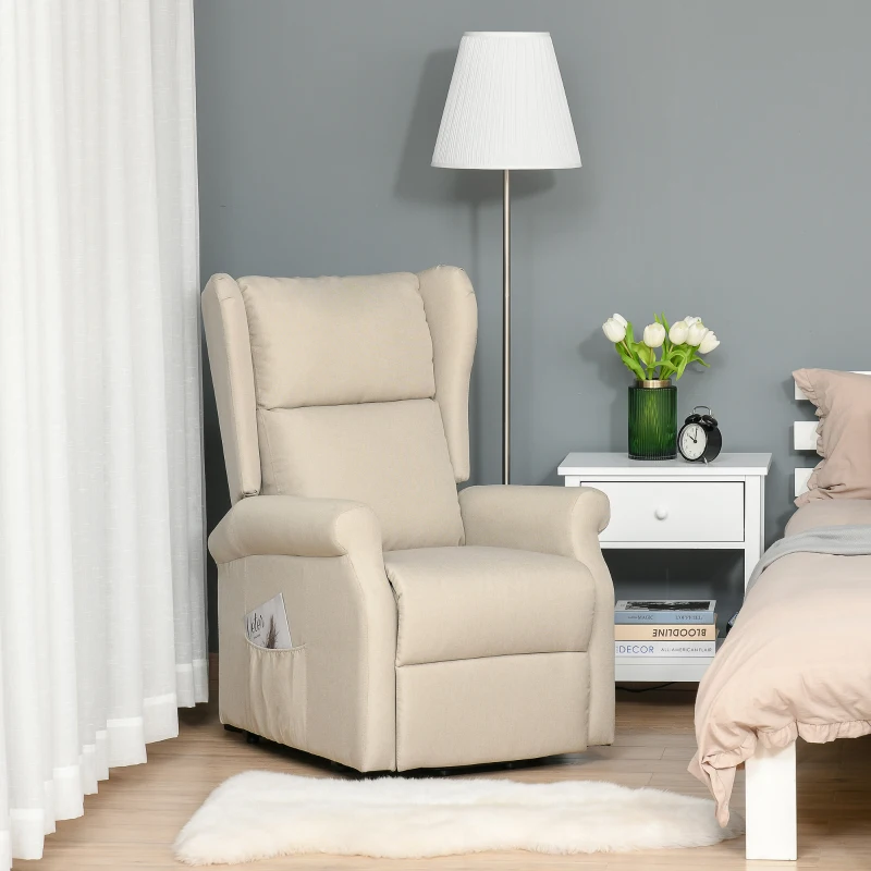 HOMCOM Power Lift Recliner Armchair, Electric Lift Chair for Elderly, Fabric Riser and Reclining Chair with Remote Control, Side Pockets, Extended Footrest, for Living Room, Beige
