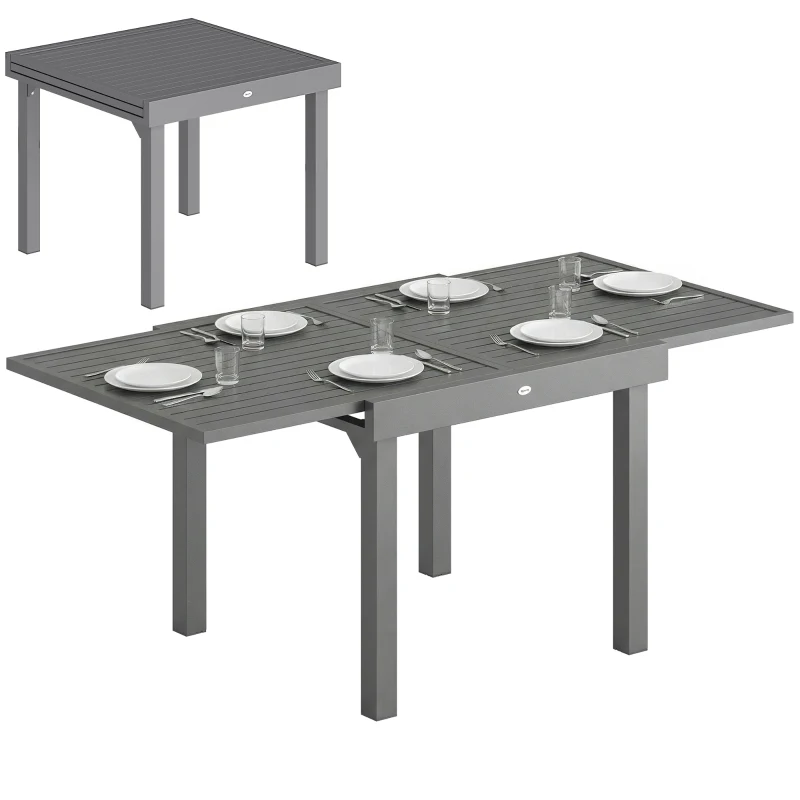 Outsunny Extending Garden Table for 4-8 People, Aluminium Outdoor Dining Table with Slatted Top, Dark Grey