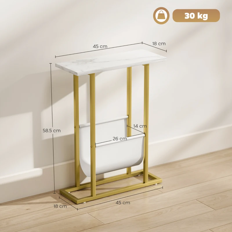 HOMCOM Narrow Side Table, End Table with Magazine Holder, Nightstand for Small Spaces, Living Room, Bedroom, White Marble Grain
