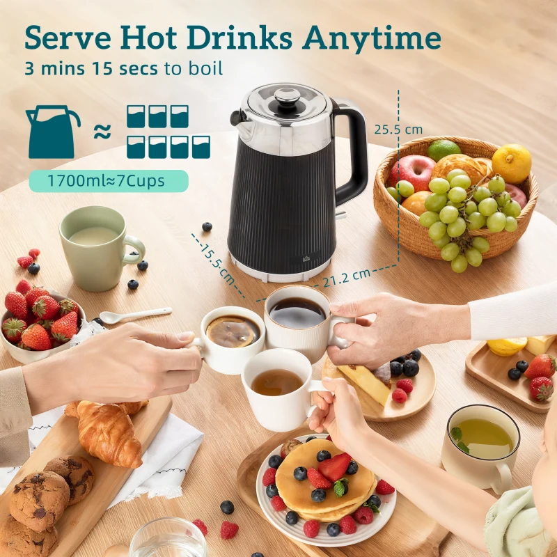 HOMCOM Electric Stainless Steel Kettle and Toaster Set, 3000W 1.7L UK Strix Thermostat Fast Boil Kettle w/ Limescale Filter, Cool Touch Body, 4 Slice Toaster with 7 Browning Levels, Black