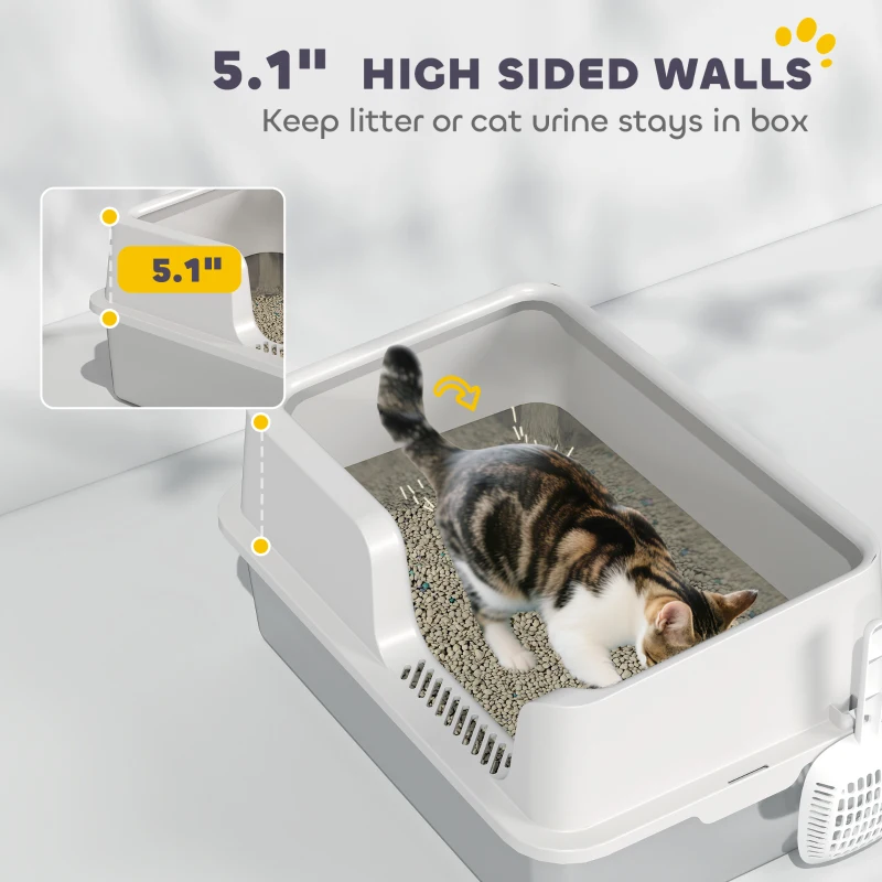 PawHut Stainless Steel Litter Box with Detachable Rim, Scoop, Easy Cleaning, Odour-Resistant, 60 x 40 x 28 cm
