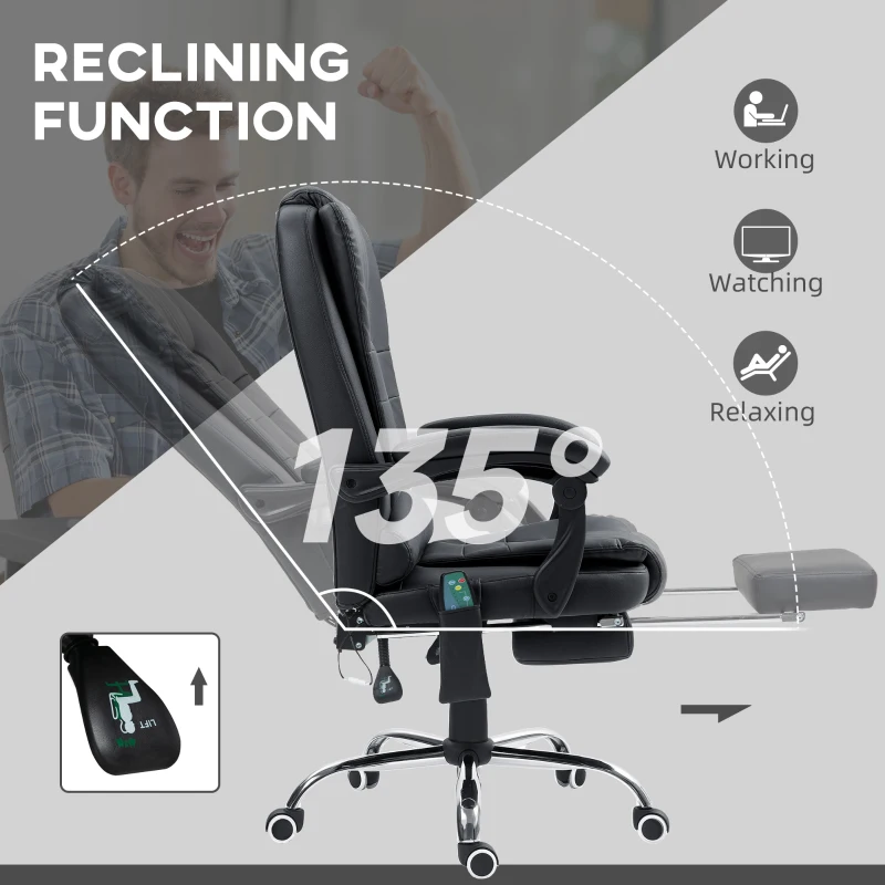 Vinsetto Ergonomic Massage Office Chair with 6-Point Vibrating & Heated Lumbar Support, Executive High Back Computer Desk Chair with Footrest, 135° Reclining, PU Leather, Black