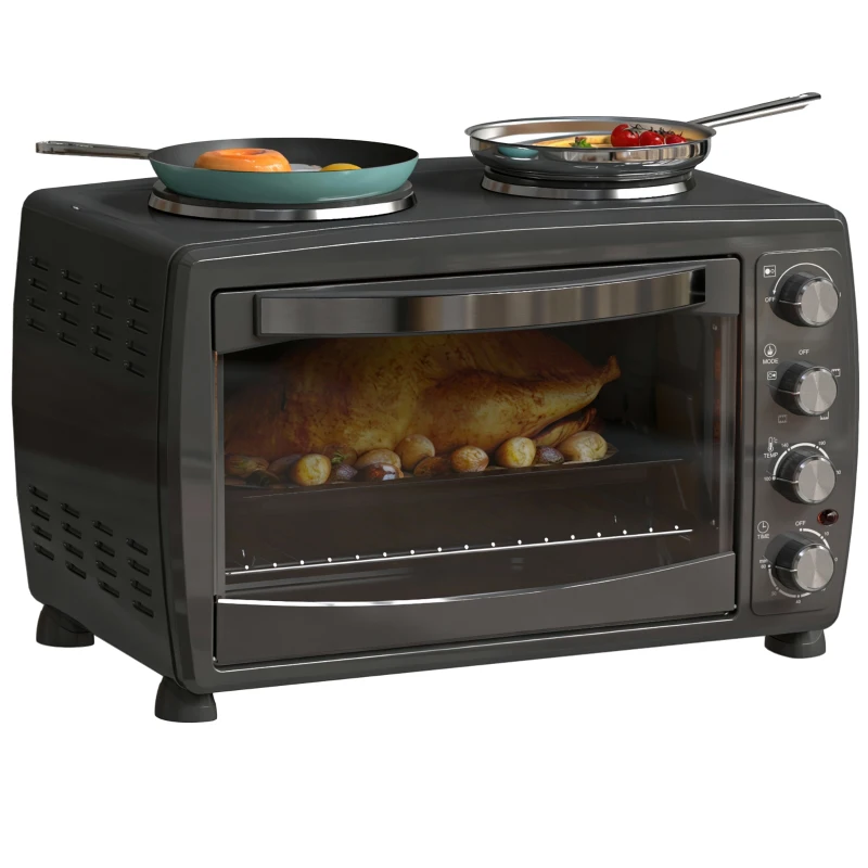 HOMCOM 36L Small Oven with 2 Hot Plates, Countertop Toaster Oven, Grill, Roast, Bake, Boil, with Timer, Adjustable Temperature, Electric Oven with Baking Tray, Grill Rack, Crumb Tray, 2600W, Black