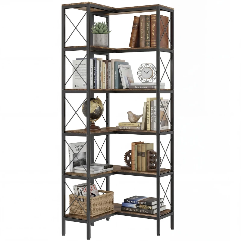 HOMCOM 5-Tier L-Shaped Bookshelf, Freestanding Corner Bookcase with Metal Frame, Rustic Brown