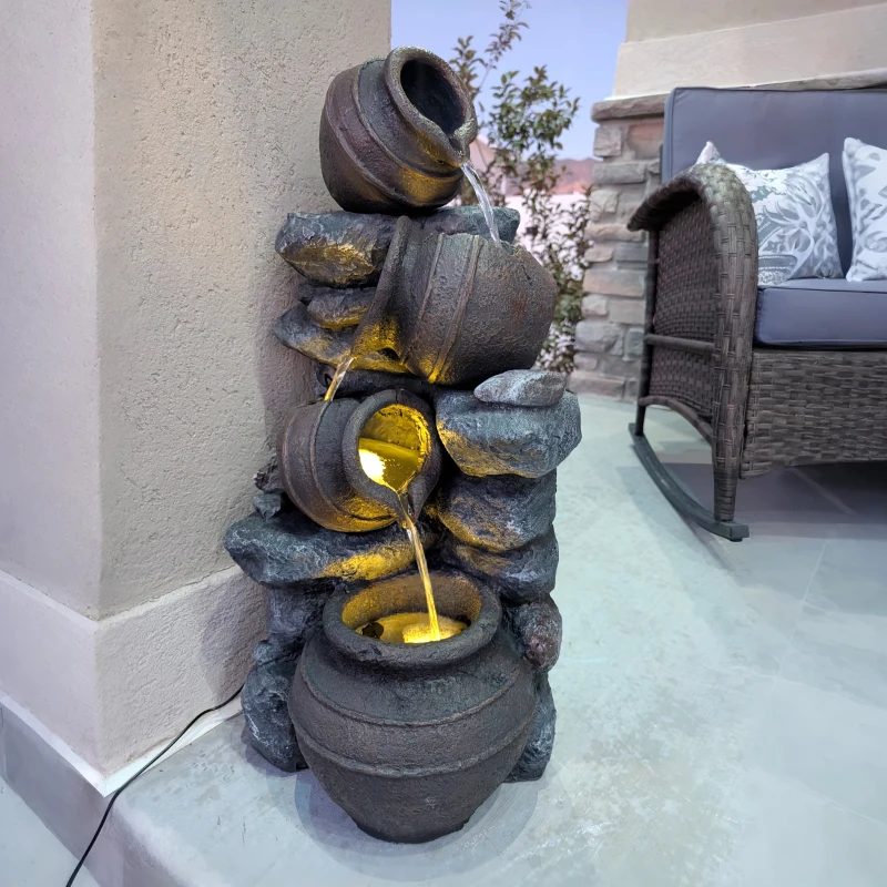 Outsunny Solar Powered Garden Water Feature with LED Lights and Pump, 4 Tier Cascading Water Fountain for Indoor/Outdoor, Jars Waterfall Ornament, 72cm Height