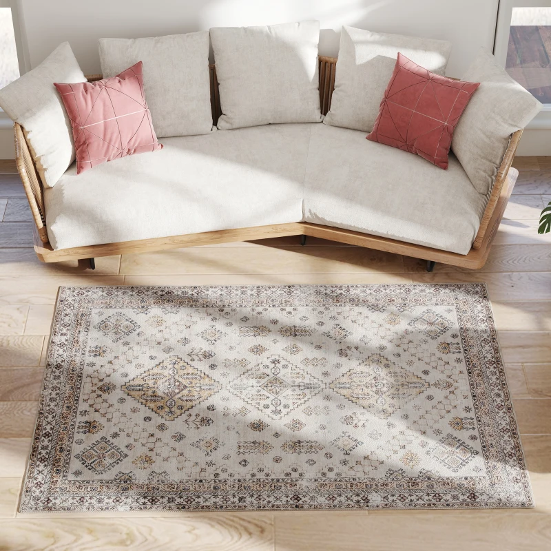 HOMCOM Vintage Area Rug, Non-Slip Washable Rug, Flannel Floor Carpet for Living Room, Bedroom, Dining Room, Home Office, 170 x 120 cm, Beige