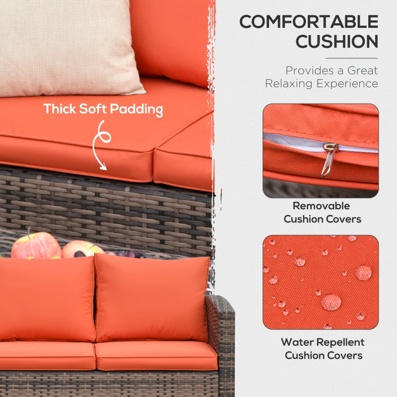 Outsunny 6 Pieces Rattan Garden Furniture Set, 7 Seater Wicker Outdoor Furniture Set with Storage Tea Table & Side Table, Sectional Garden Sofa Set with Cushions, Orange
