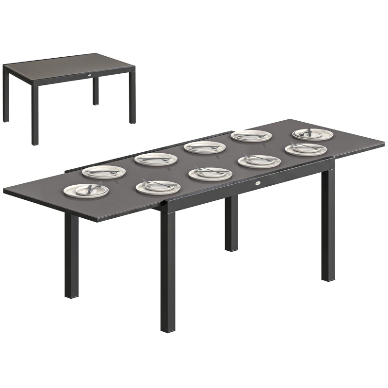 Outsunny Masă de Grădină Extensibilă pentru 8-10 Persoane cu Blat din Sticlă Temperată, din Aluminiu, 140/240x90 cm, Negru