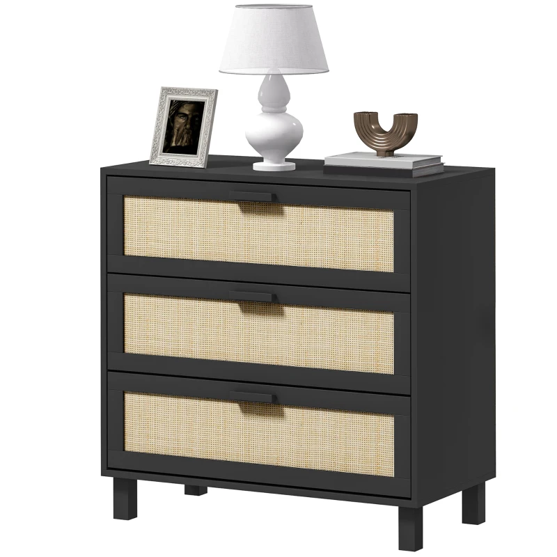 HOMCOM Rattan Bedroom Chest of Drawers, 3 Drawers Storage Unit, Boho Dresser for Living Room, Hallway, Black