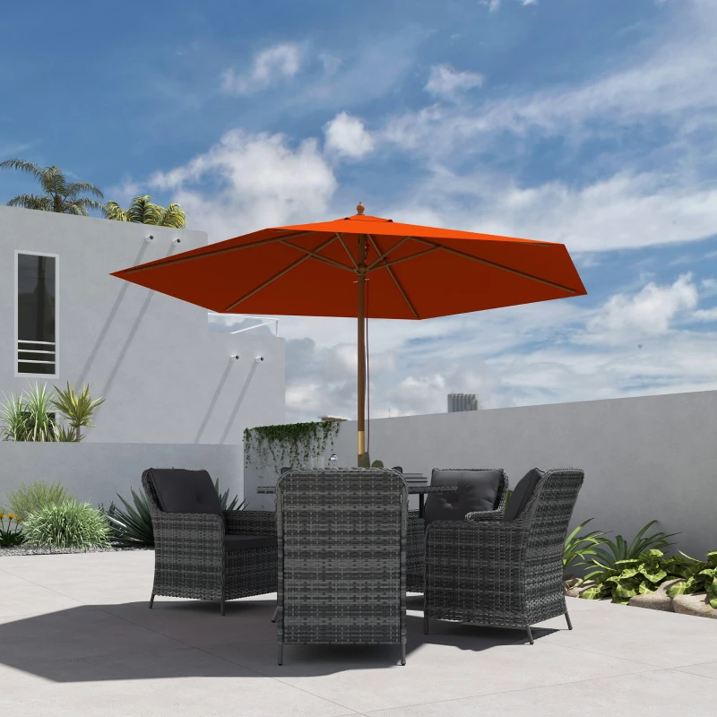 Outsunny 2.5m Wood Garden Parasol Sun Shade Patio Outdoor Wooden Umbrella Canopy, Table Market Umbrella with Vent, 38mm Pole, Rope Pulley Mechanism, Orange