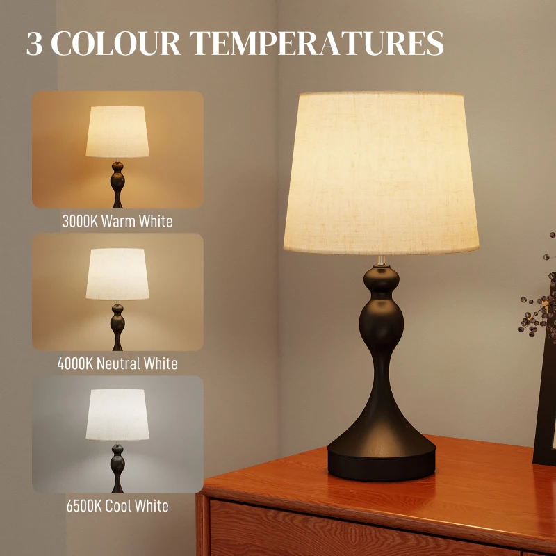 HOMCOM Set of Two Three-Colour Lamps, with USB Ports - Black/Beige
