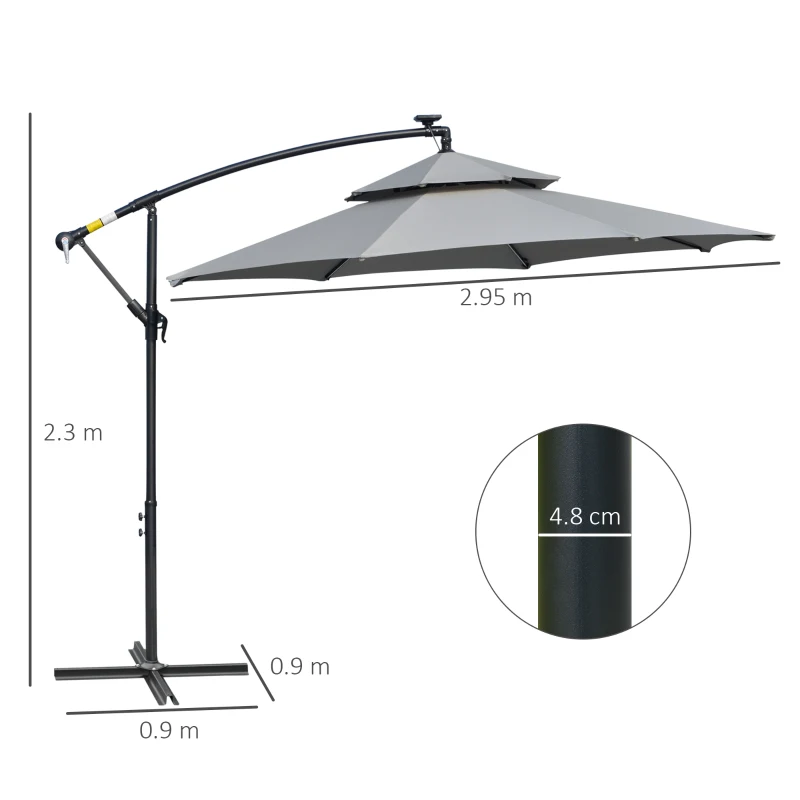 Outsunny 3m LED Light Overhanging Parasol - Light Grey