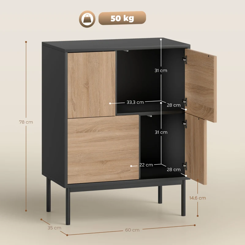 HOMCOM Sideboard mit Push-to-Open Türen, Esszimmerschrank mit Metallbeinen, Küchenschrank, MDF, Schwarz+Naturholz