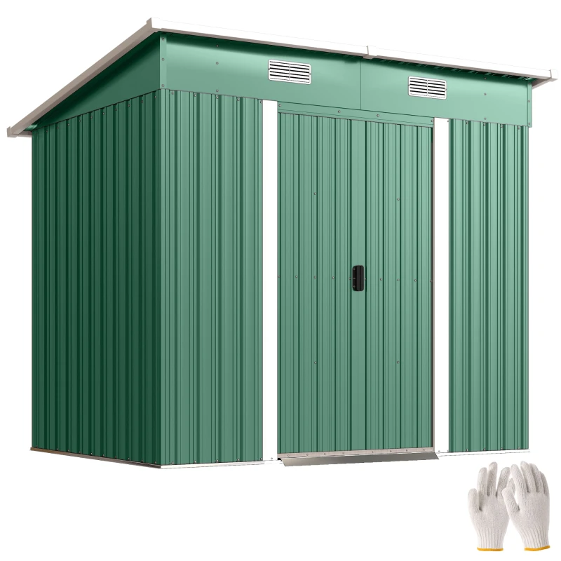 Outsunny 7 x 4ft Outdoor Storage Shed with Foundation Kit, Lean to Metal Garden Shed for Log, Rubbish Bin, Tool, Bike, Green