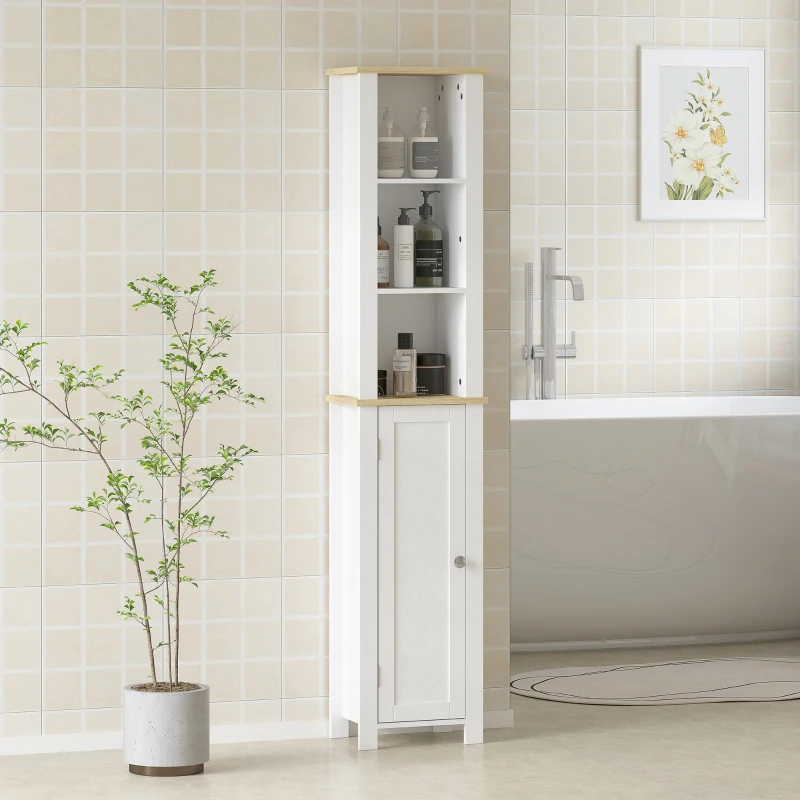 kleankin Slim Bathroom Storage Unit with Open Compartment, Bathroom Storage Cabinet with Adjustable Shelf, 34 x 23 x 165 cm, White