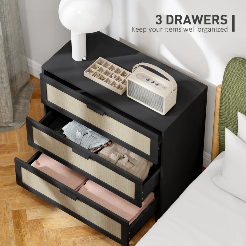 HOMCOM Rattan Bedroom Chest of Drawers, 3 Drawers Storage Unit, Boho Dresser for Living Room, Hallway, Black