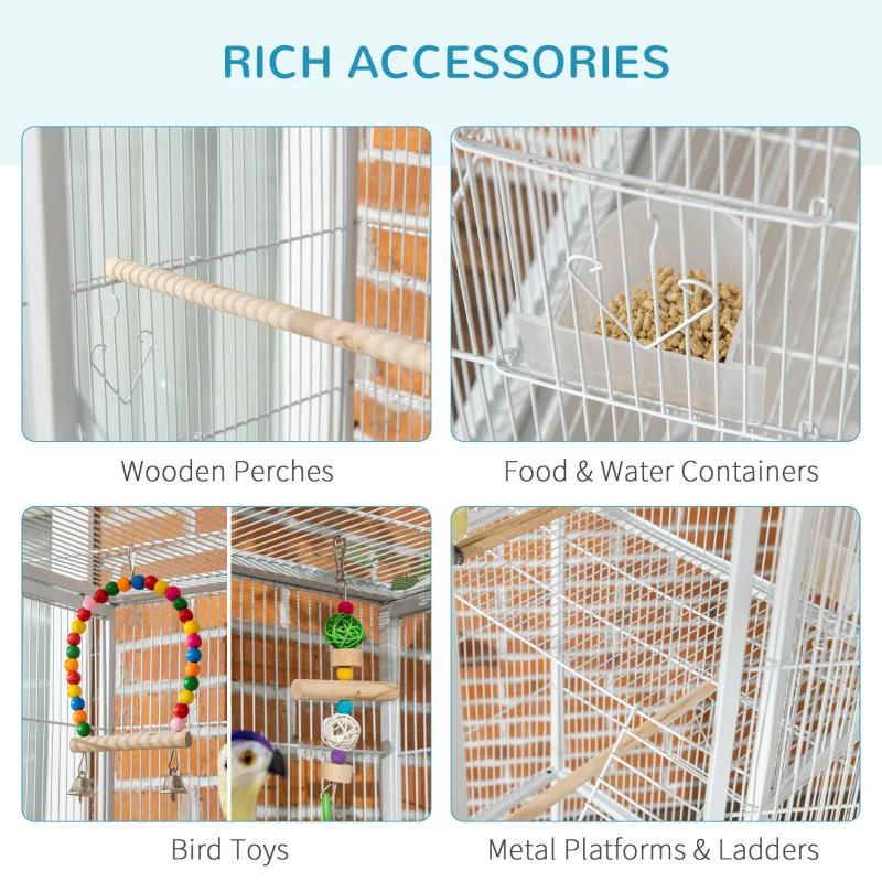 PawHut Large Bird Cage Budgie Cage 3 Tier Aviary with Stand Wheels, Toys, Ladders, Shelf for Canaries, Finches, Cockatiels, Parakeets - White
