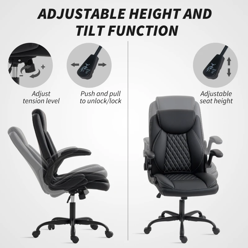 HOMCOM Faux Leather Office Chair. with Flip-Up Armrests - Black