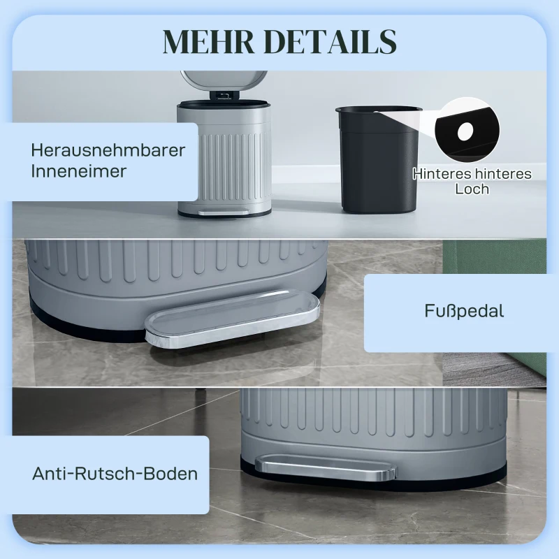 HOMCOM Mülleimer 20L Treteimer mit Deckel Fußpedal herausnehmbarem Inneneimer Soft-Close-Funktion 36,5 x 31,2 x 45 cm, Grau