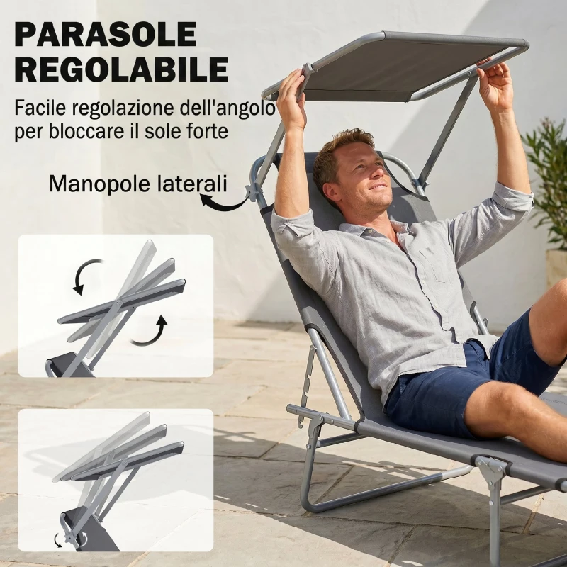 Outsunny Lettino Prendisole da Giardino, Sdraio Pieghevole e Regolabile con Tettuccio in Tessuto Grigio, 187x58x36cm