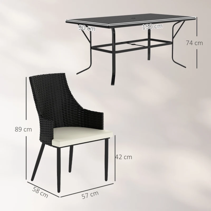 Outsunny 6 Seater Rattan Dining Set with Cushions, Garden Furniture Set with Armchairs, Rectangle Slatted Table Top, Steel Frame, Parasol Hole, Wicker Outdoor Furniture for Patio, Balcony, Cream White