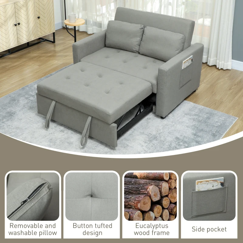HOMCOM Loveseat Sofa Bed, Convertible Bed Settee with 2 Pillows, Side Pockets, Light Grey