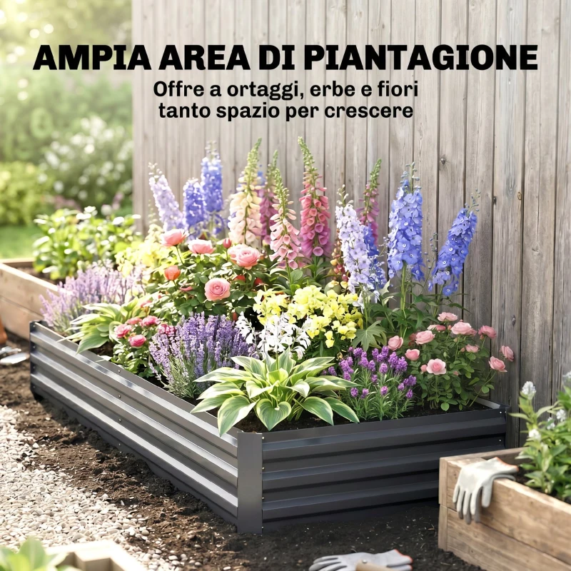 Outsunny Letto per Orto Rialzato in Metallo da Esterno per Fiori e Ortaggi, 241x90,5x30 cm, Grigio
