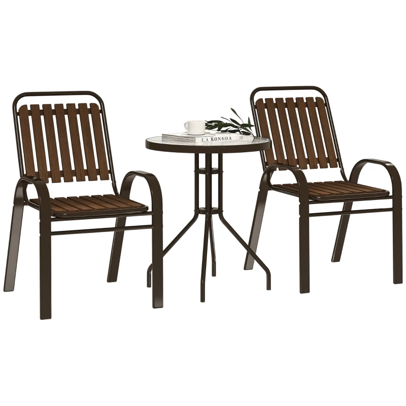 Outsunny 3 Pieces Patio Bistro Set with Stackable Chairs, Tempered Glass Table, for Outdoor, Balcony, Patio, Garden, Dark Brown