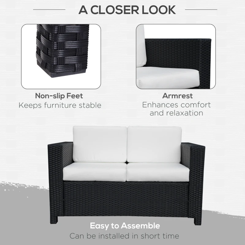 Outsunny Rattan Sofa, 2 Seater Garden Furniture with Soft Padded Cushion and Armrests, Wicker Garden Loveseat for Patio, Black