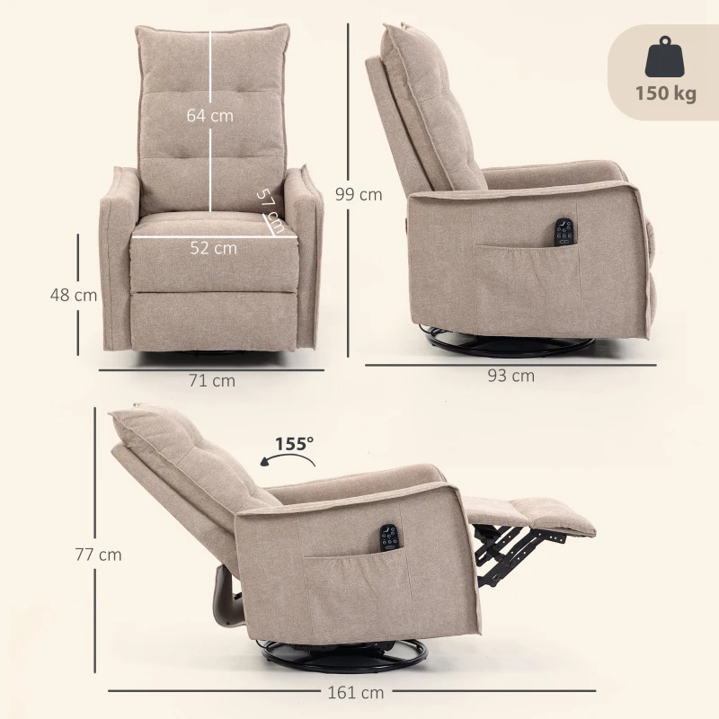HOMCOM Recliner Armchair, Chenille Recliner Chair with Massage and Heat, 360° Swivel Rocking Manual Recliner, Brown
