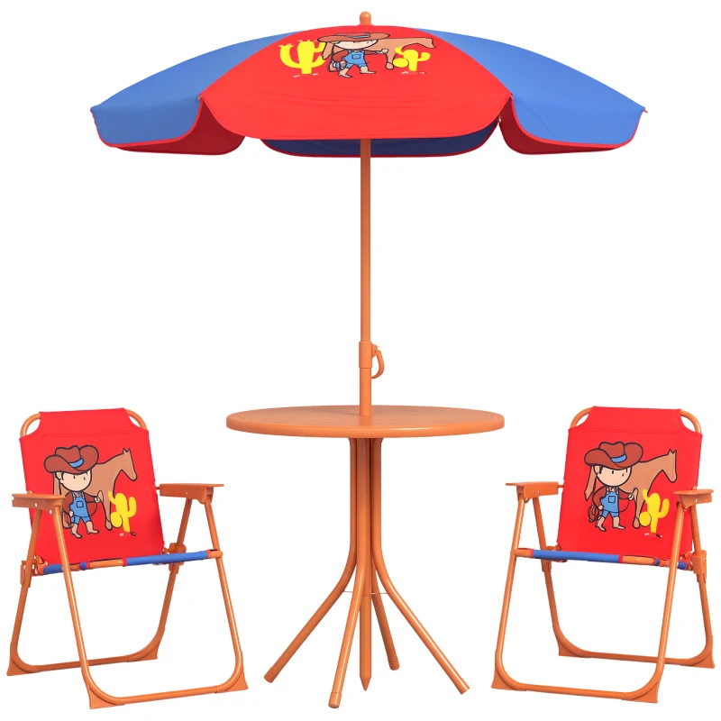 Outsunny Kids Picnic Table and Chair Set, Cowboy Themed Outdoor Garden Furniture w/ Foldable Chairs, Adjustable Parasol
