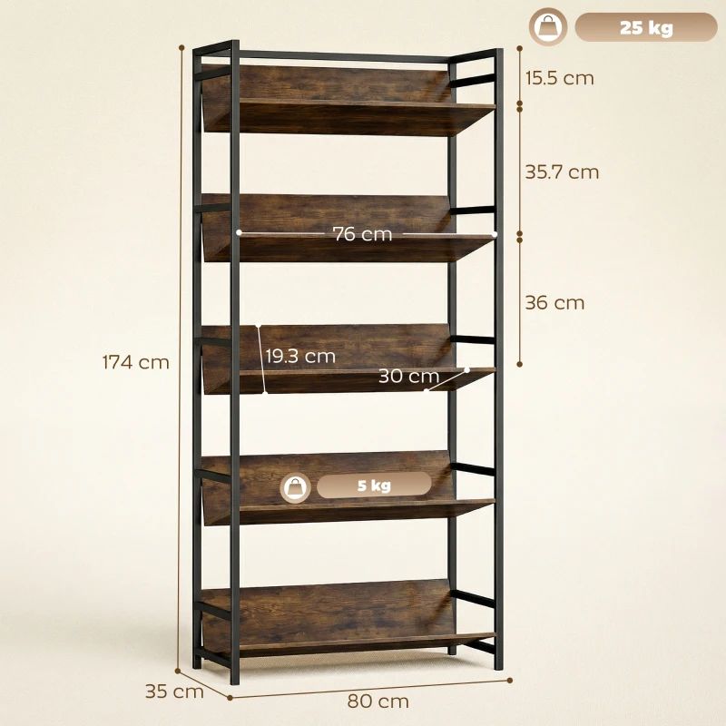 HOMCOM Bookshelf 5-Tier Metal Frame Bookcase Storage Shelves for Living Room Rustic Brown