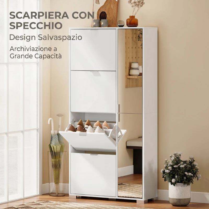 HOMCOM Scarpiera con Specchio, 4 Cassetti Ribalta, Scarpiera Ingresso, Bianco