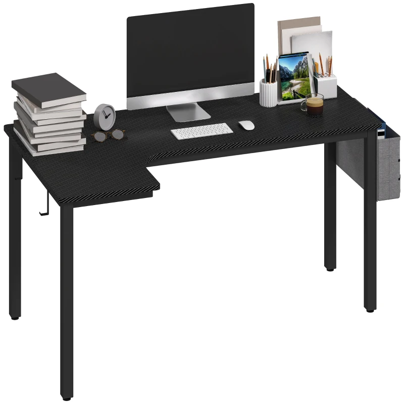 HOMCOM L-Shaped Computer Gaming Desk with Fabric Bag, Hooks and Cable Management, 145 x 81 x 76cm - Black
