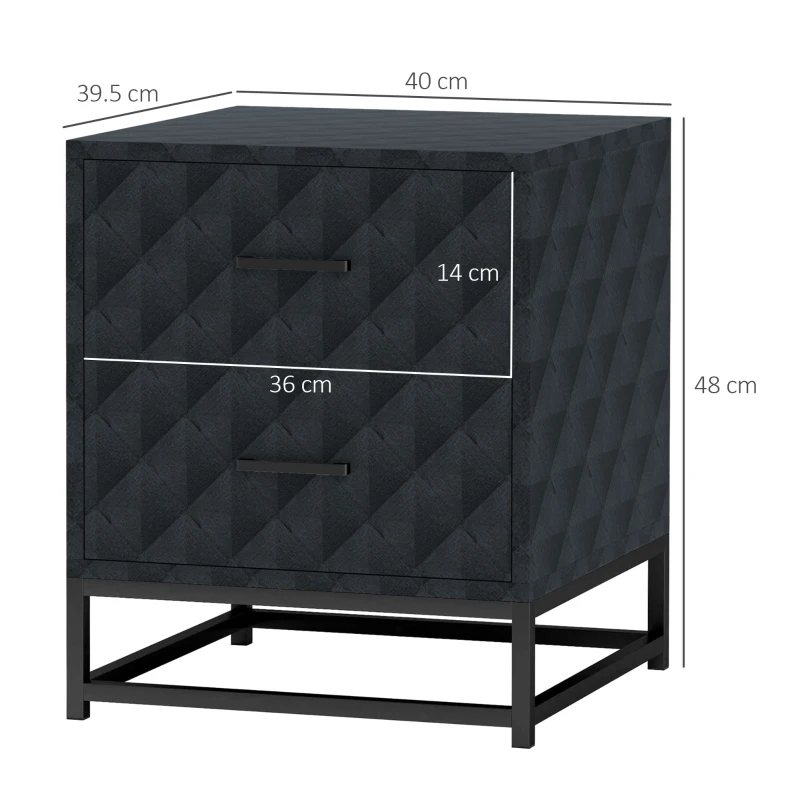 HOMCOM Bedside Tables Set of 2, Modern Bedside Table Nightstand with 2 Drawers, Bedside Cabinet Sofa Side Table with Storage, Steel Legs for Bedroom, Living Room, Black