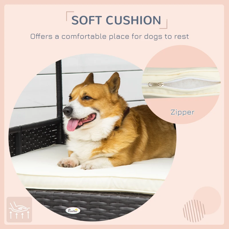 PawHut Wicker Dog House, Rattan Pet Bed, with Removable Cushion, Canopy, for Small and Medium Dogs - Cream