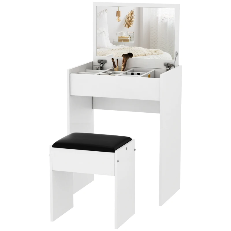 HOMCOM Postazione Trucco con Specchio Richiudibile, Toeletta Trucco Moderno, con Sgabello, Vano Contenitore a 10 Scomparti, MDF Bianco, 60.2 x 40.2 x 79cm