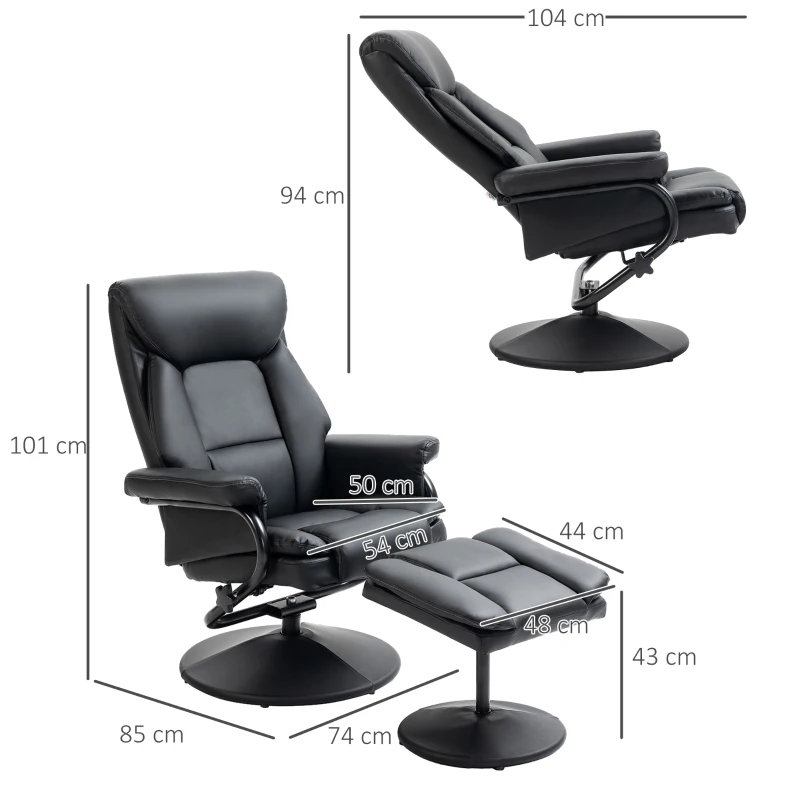 HOMCOM Swivel Recliner Chair with Footstool, PU Leather Recliner Armchair with Ottoman, Steel Base, Upholstered Reclining Chair for Living Room, Bedroom, Office, Black