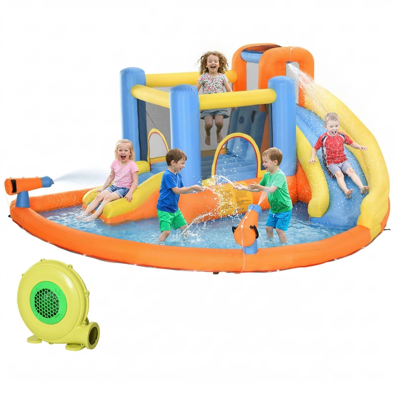 AIYAPLAY 5 in 1 Bouncy Castle for Children, Inflatable Bounce House with Dual Slides, Pool, Climbing Wall, Water Cannons, Blower