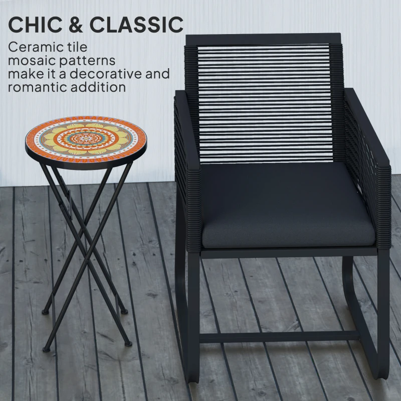 Outsunny Mosaic Outdoor Garden Table, 35.5cm Round Folding Coffee Table with Metal Frame for Balcony Terrace, Orange