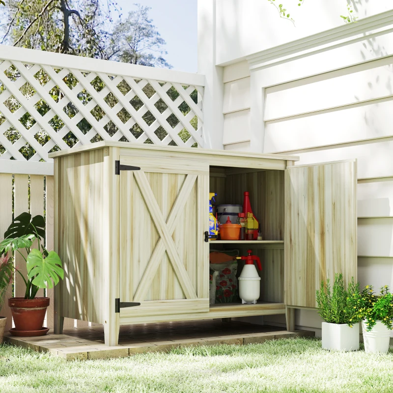 Outsunny Armoire de jardin en bois, placard de jardin en bois avec étagères et double portes, 110 x 60 x 88,5 cm, bois naturel