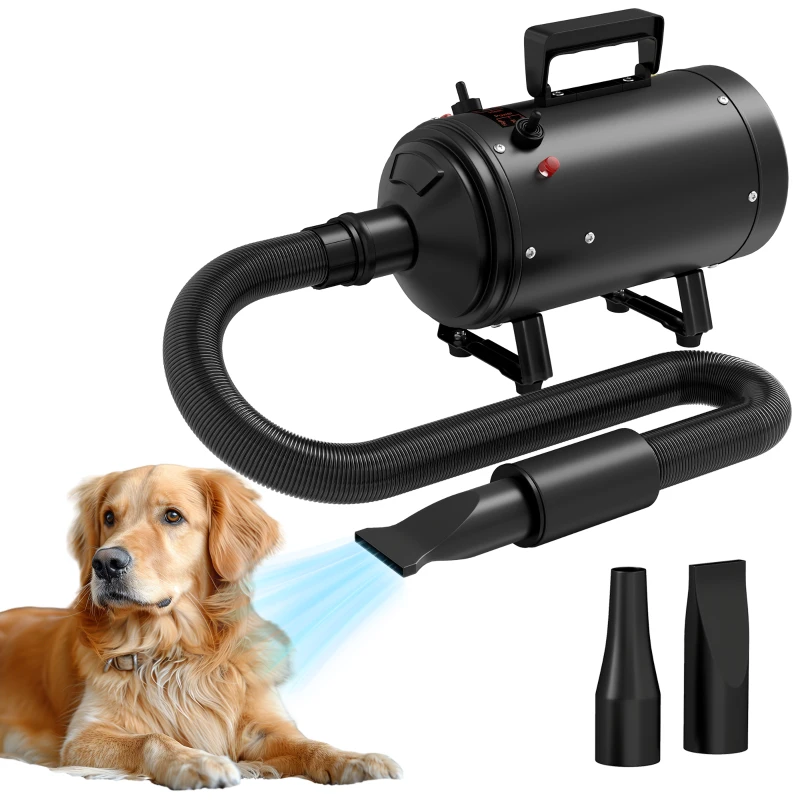 PawHut 2200W Dog Hair Dryer with Adjustable Temperature & Velocity, 3 Different Nozzles, Black