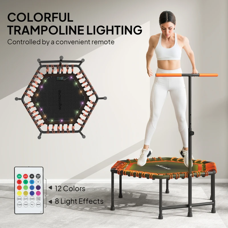 SPORTNOW 45" Rebounder Trampoline for Adults, Quiet Bungee Rebounder with LED Lights and Adjustable Handle, Orange